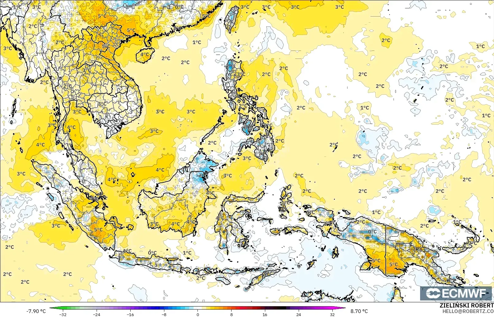 ECMWF IFS 0.25° model - South East Asia, Temperature at 2m Anomaly