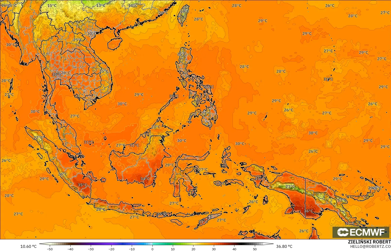 ECMWF IFS 0.25° model - South East Asia, Temperature at 2m