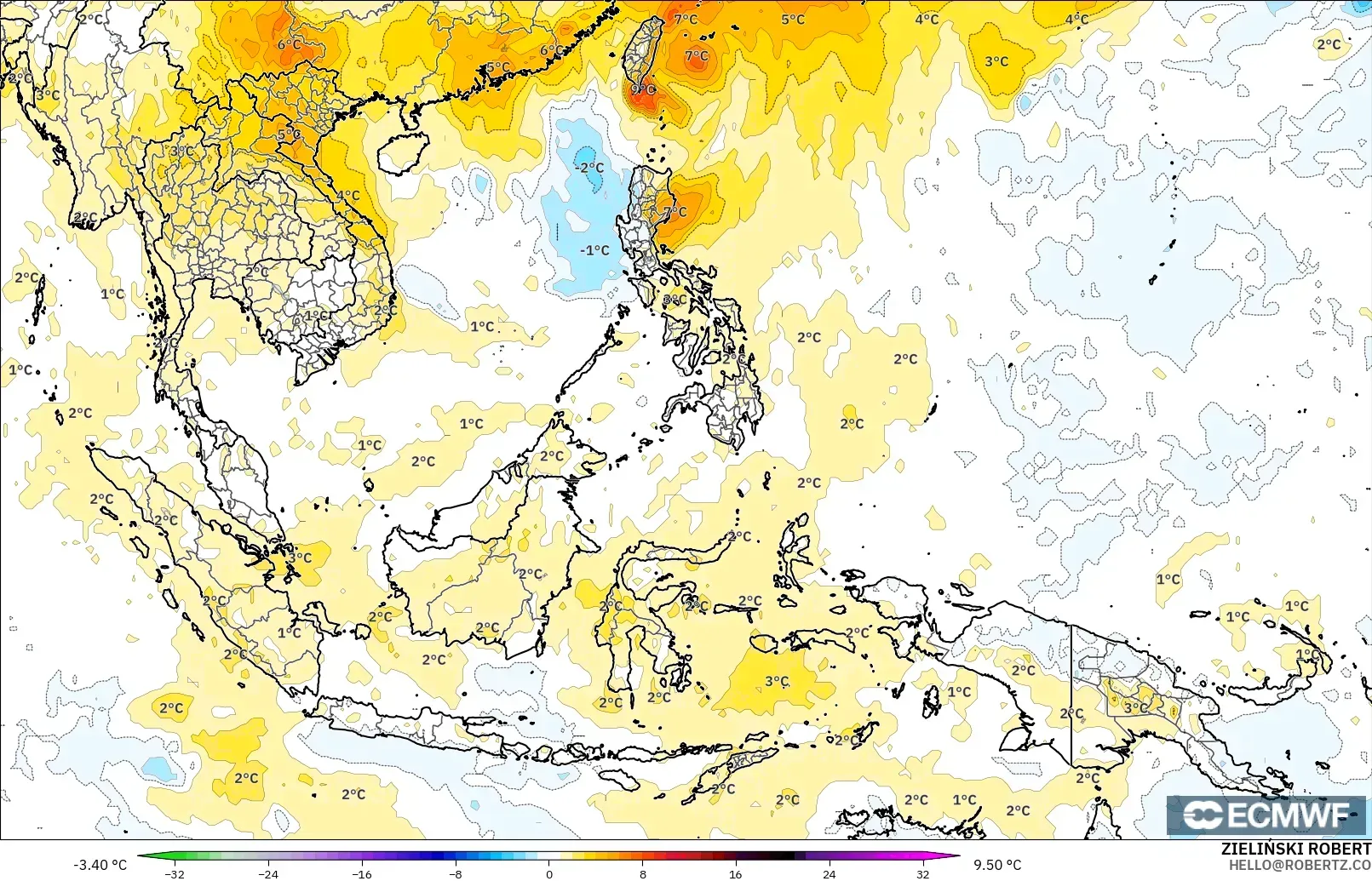 ECMWF IFS 0.25° model - South East Asia, Temperature at 850hPa Anomaly