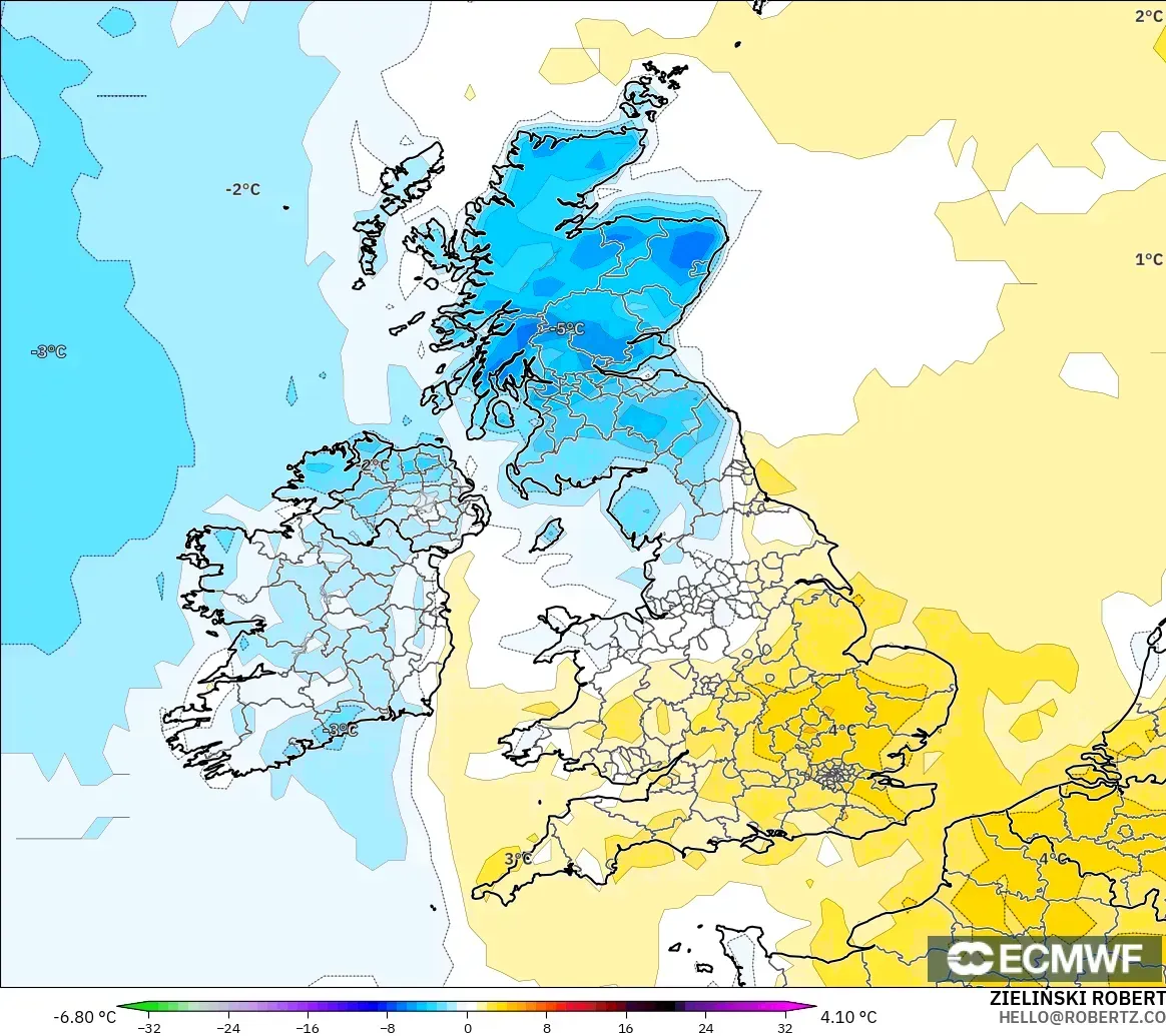 ECMWF IFS 0.25° model - United Kingdom, Temperature at 2m Anomaly