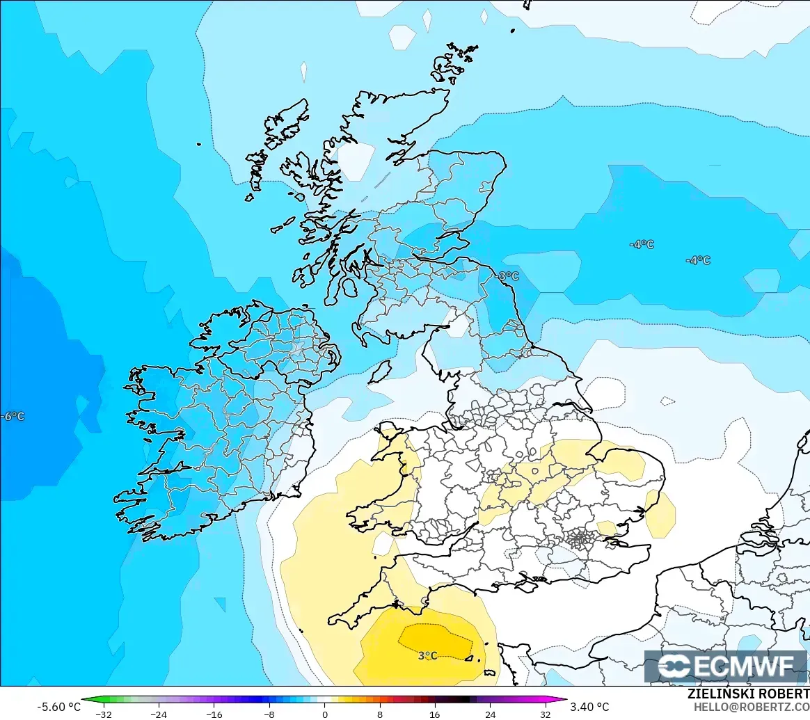ECMWF IFS 0.25° model - United Kingdom, Temperature at 850hPa Anomaly