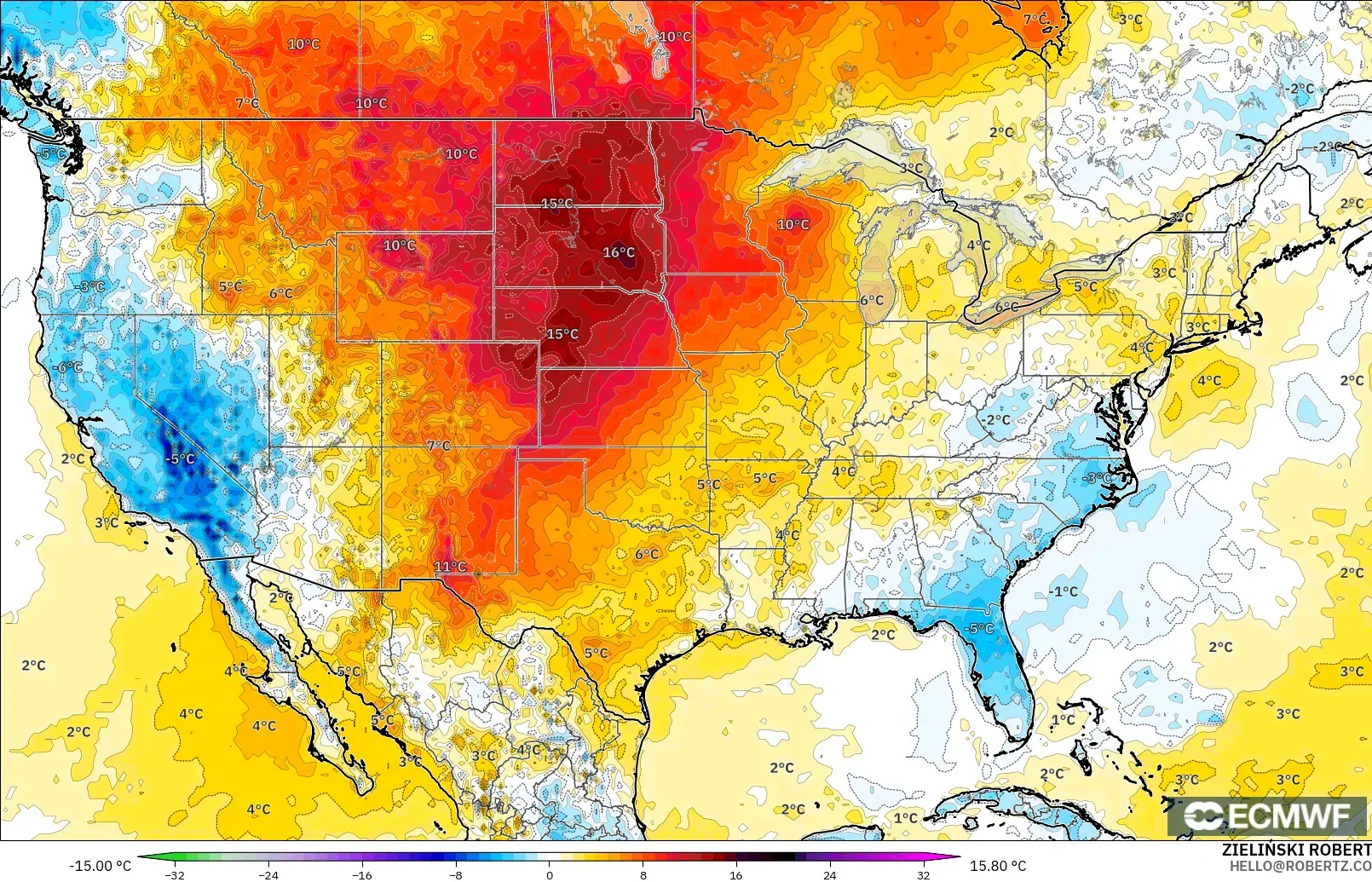 ECMWF IFS 0.25° model - United States, Temperature at 2m Anomaly