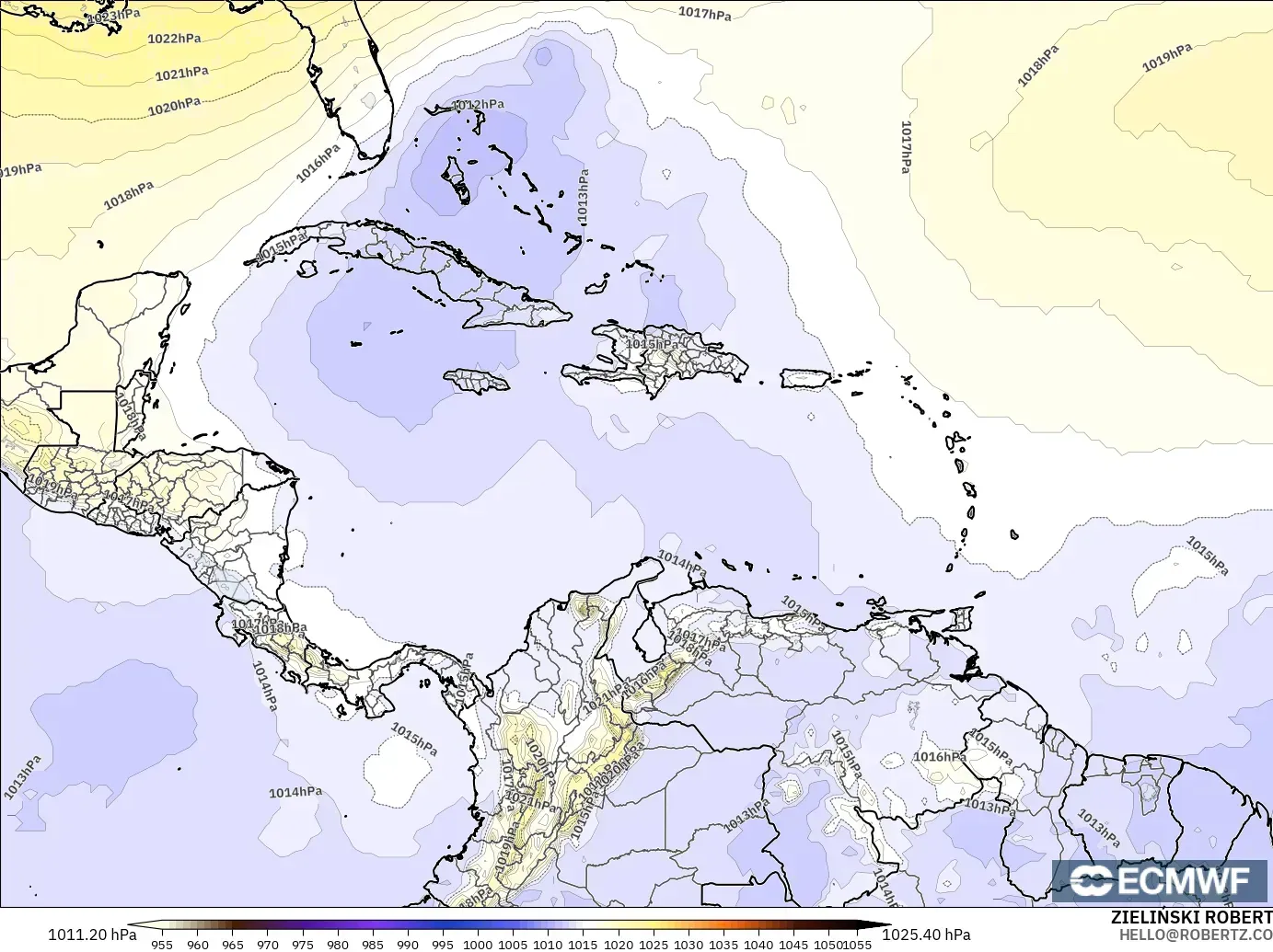 ECMWF IFS 0.25° model - Caribbean, Pressure