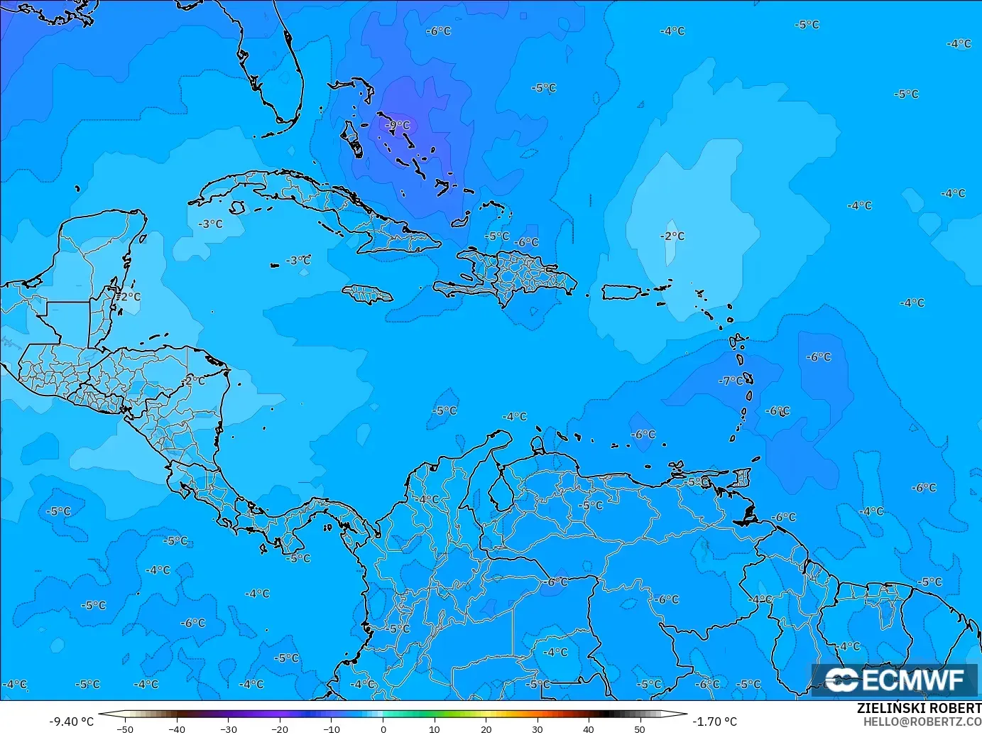 ECMWF IFS 0.25° model - Caribbean, Temperature at 500hPa