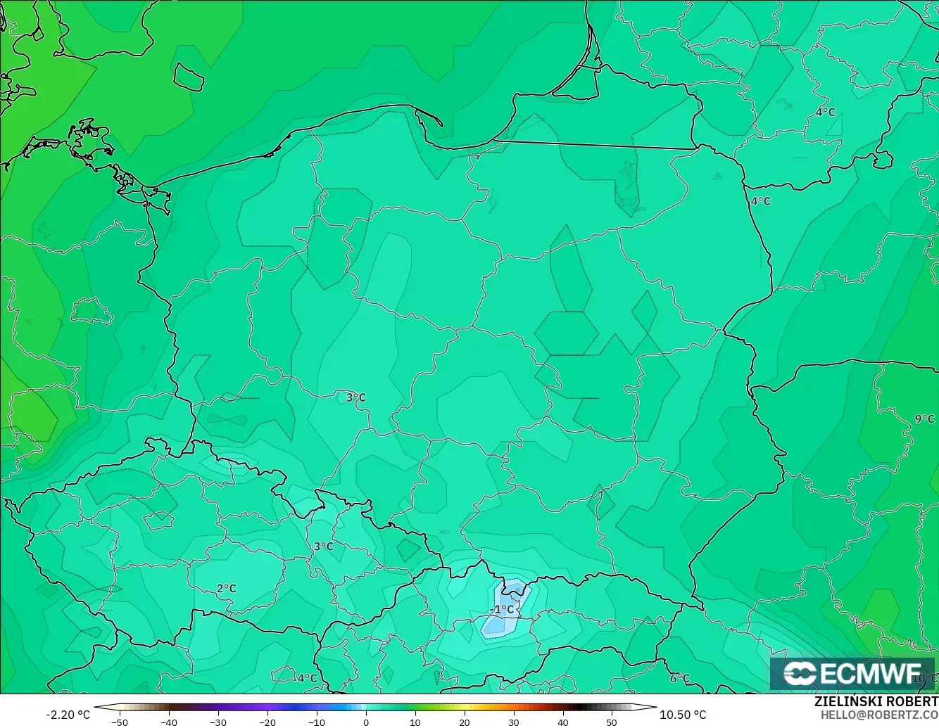 ECMWF IFS 0.25° model - Poland, Dewpoint at 2m
