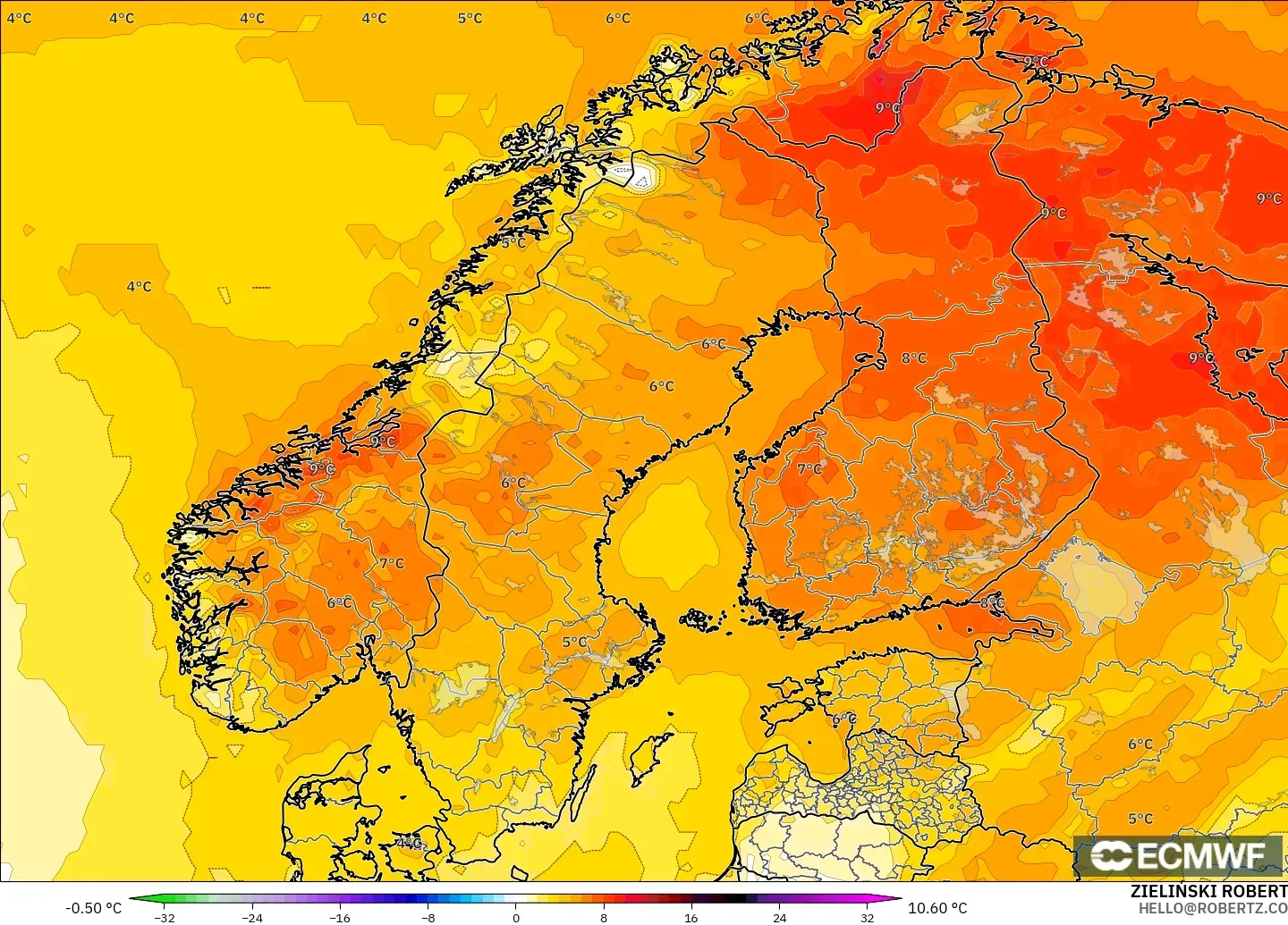 ECMWF IFS 0.25° model - Scandinavia, Temperature at 2m Anomaly