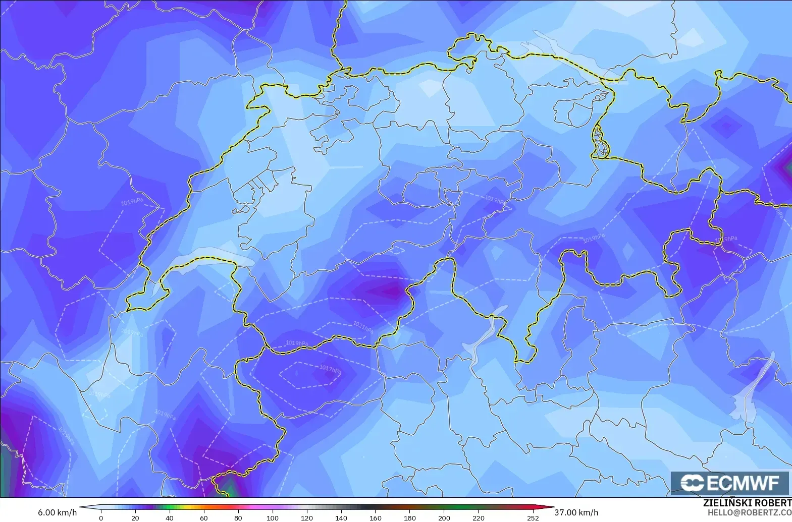 ECMWF IFS 0.25° model - Switzerland, Wind Gusts