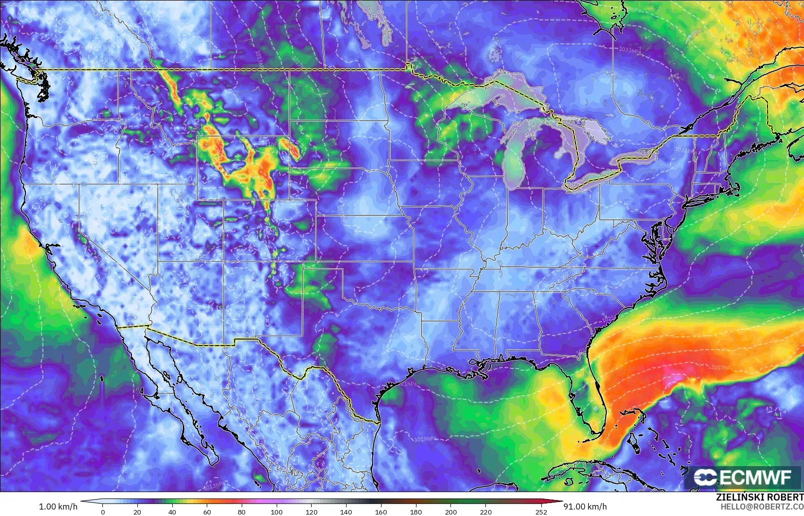 ECMWF IFS 0.25° model - United States, Wind Gusts Peak