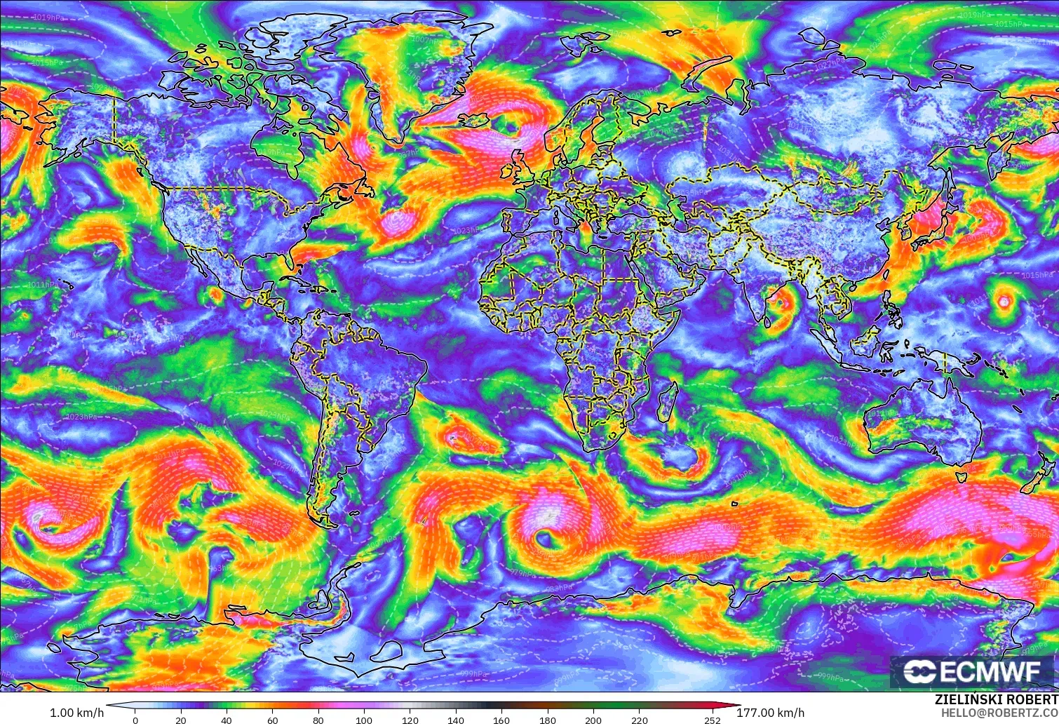 ECMWF IFS 0.25° model - World, Wind Gusts Peak