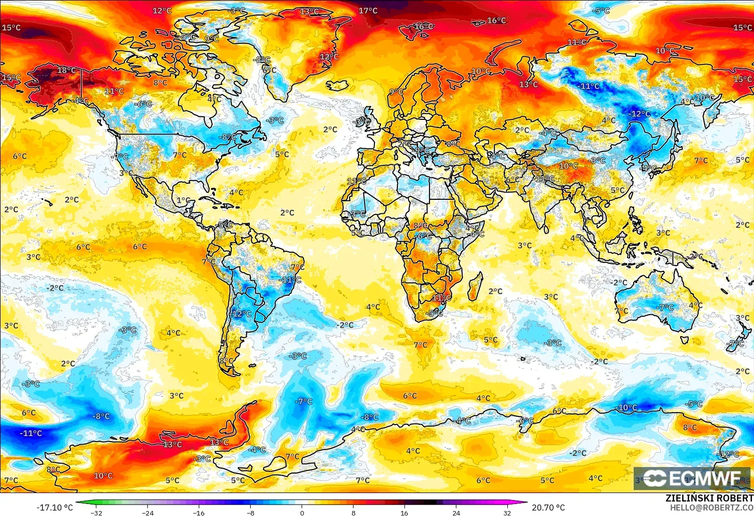 ECMWF IFS 0.25° model - World, Temperature at 2m Anomaly