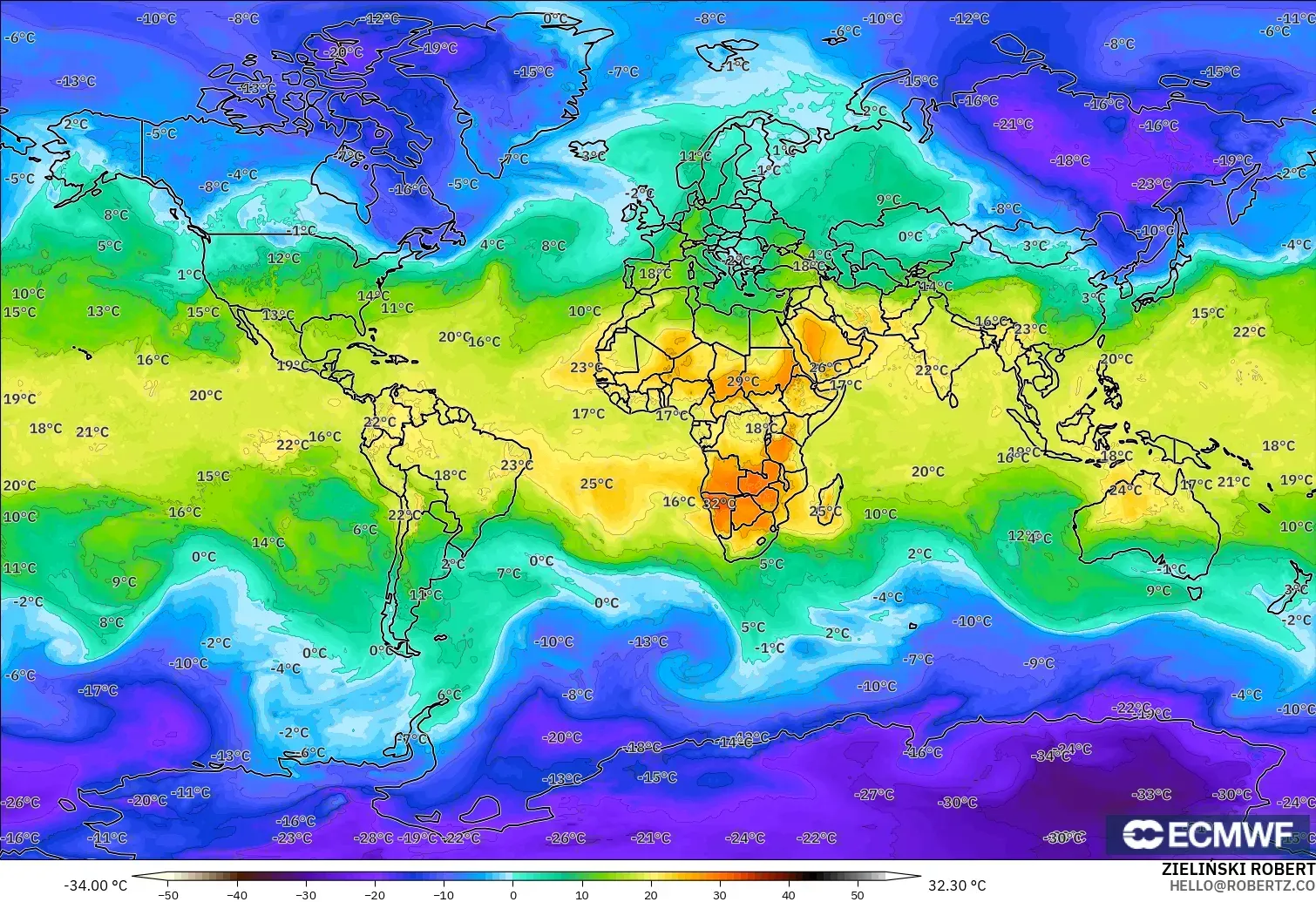 ECMWF IFS 0.25° model - World, Temperature at 850hPa