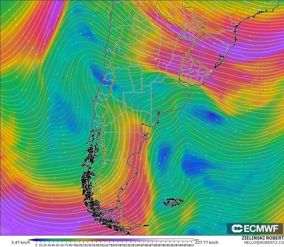 ECMWF IFS 0.25° model - Argentina, Wind at 300hPa (jet stream)