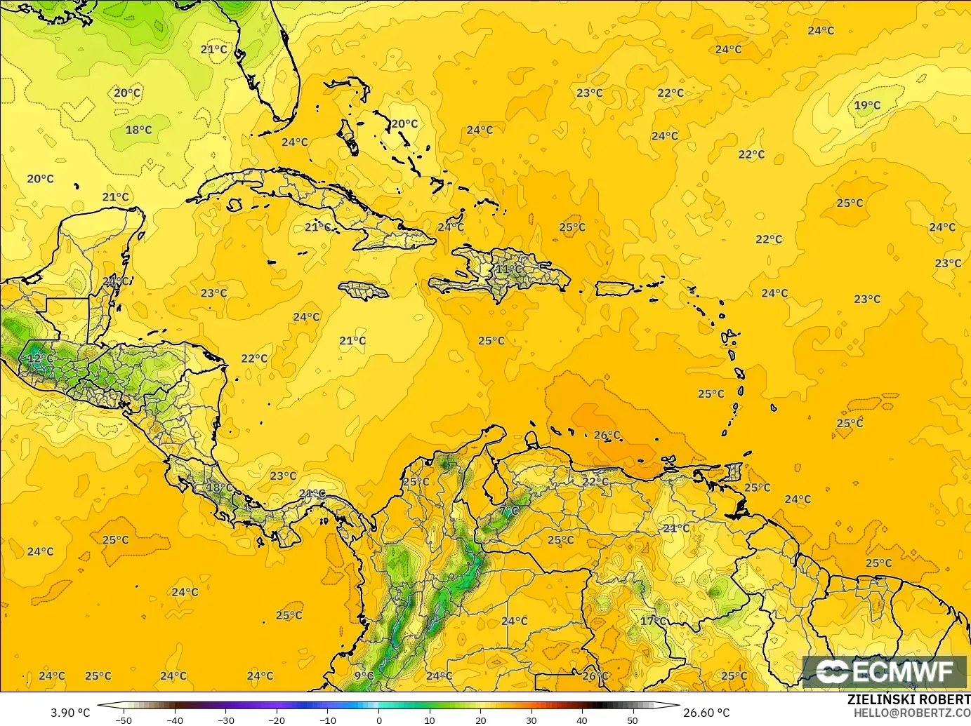 ECMWF IFS 0.25° model - Caribbean, Dewpoint at 2m