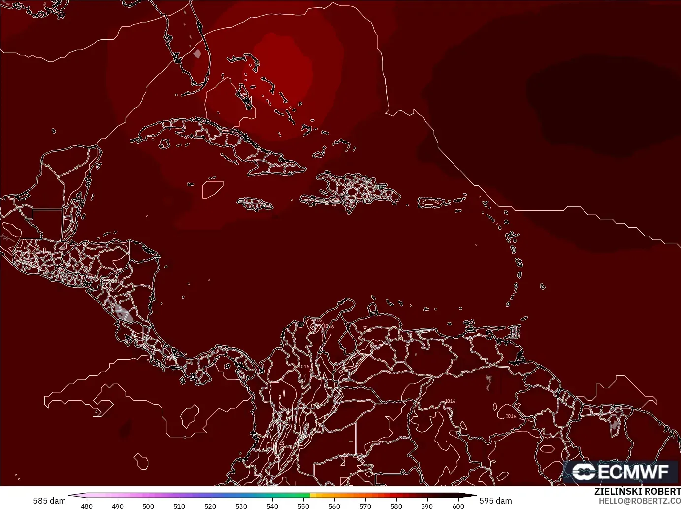ECMWF IFS 0.25° model - Caribbean, Geopotential height at 500hPa