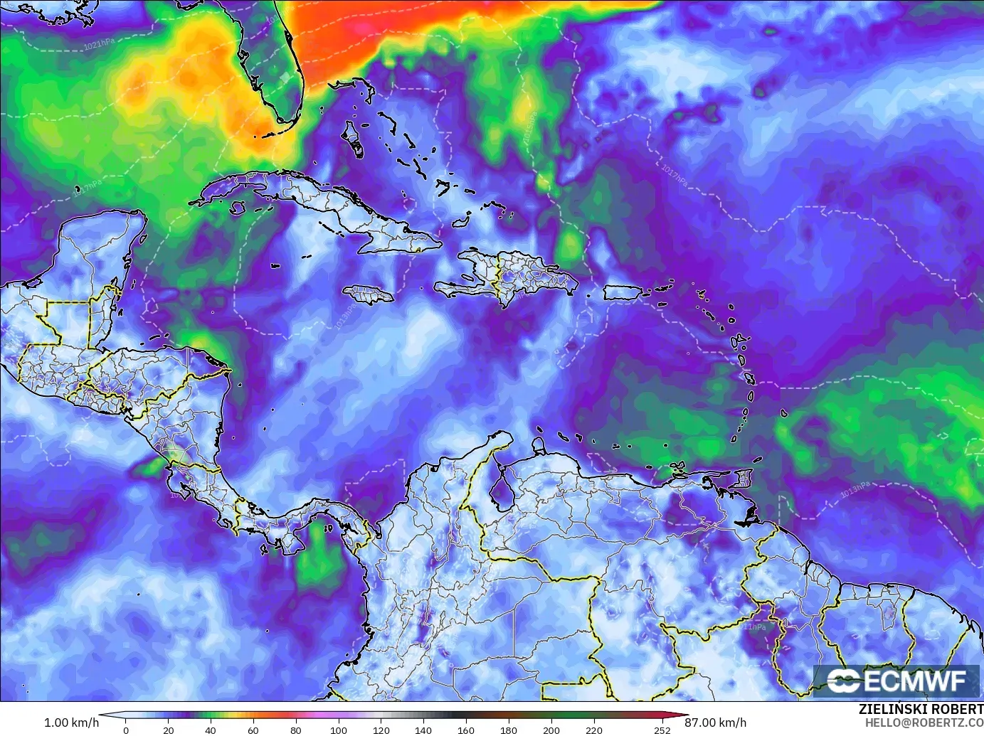 ECMWF IFS 0.25° model - Caribbean, Wind Gusts Peak