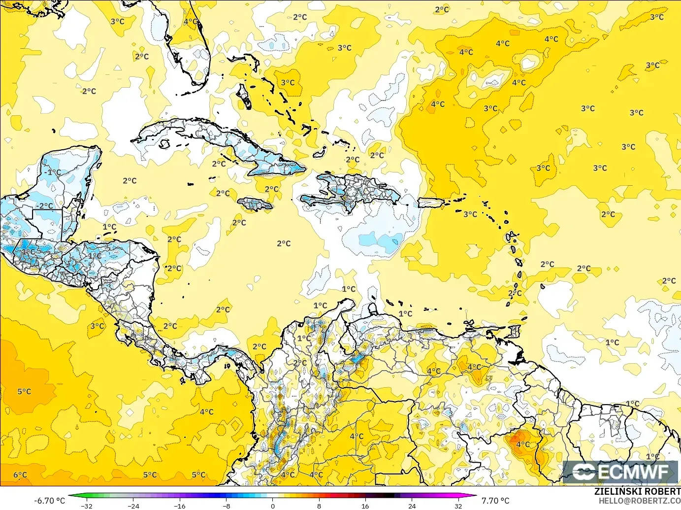 ECMWF IFS 0.25° model - Caribbean, Temperature at 2m Anomaly