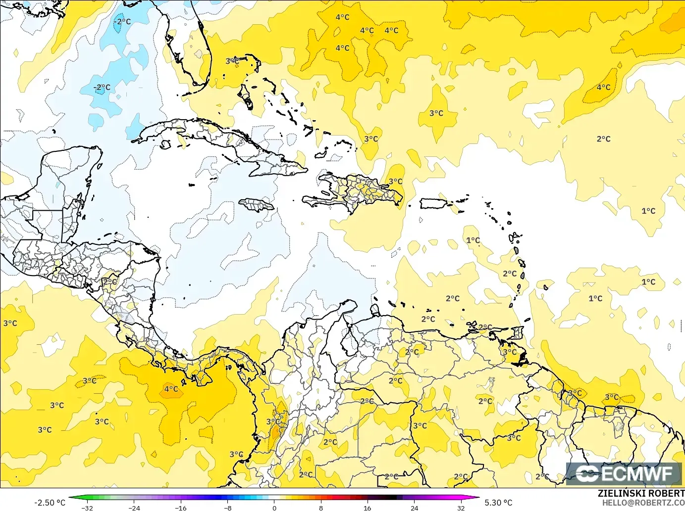 ECMWF IFS 0.25° model - Caribbean, Temperature at 850hPa Anomaly
