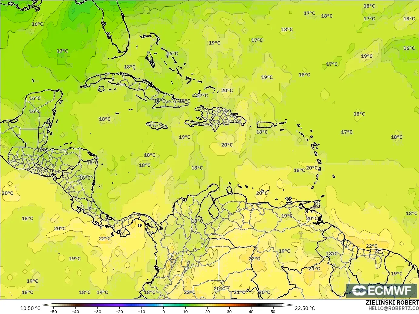 ECMWF IFS 0.25° model - Caribbean, Temperature at 850hPa