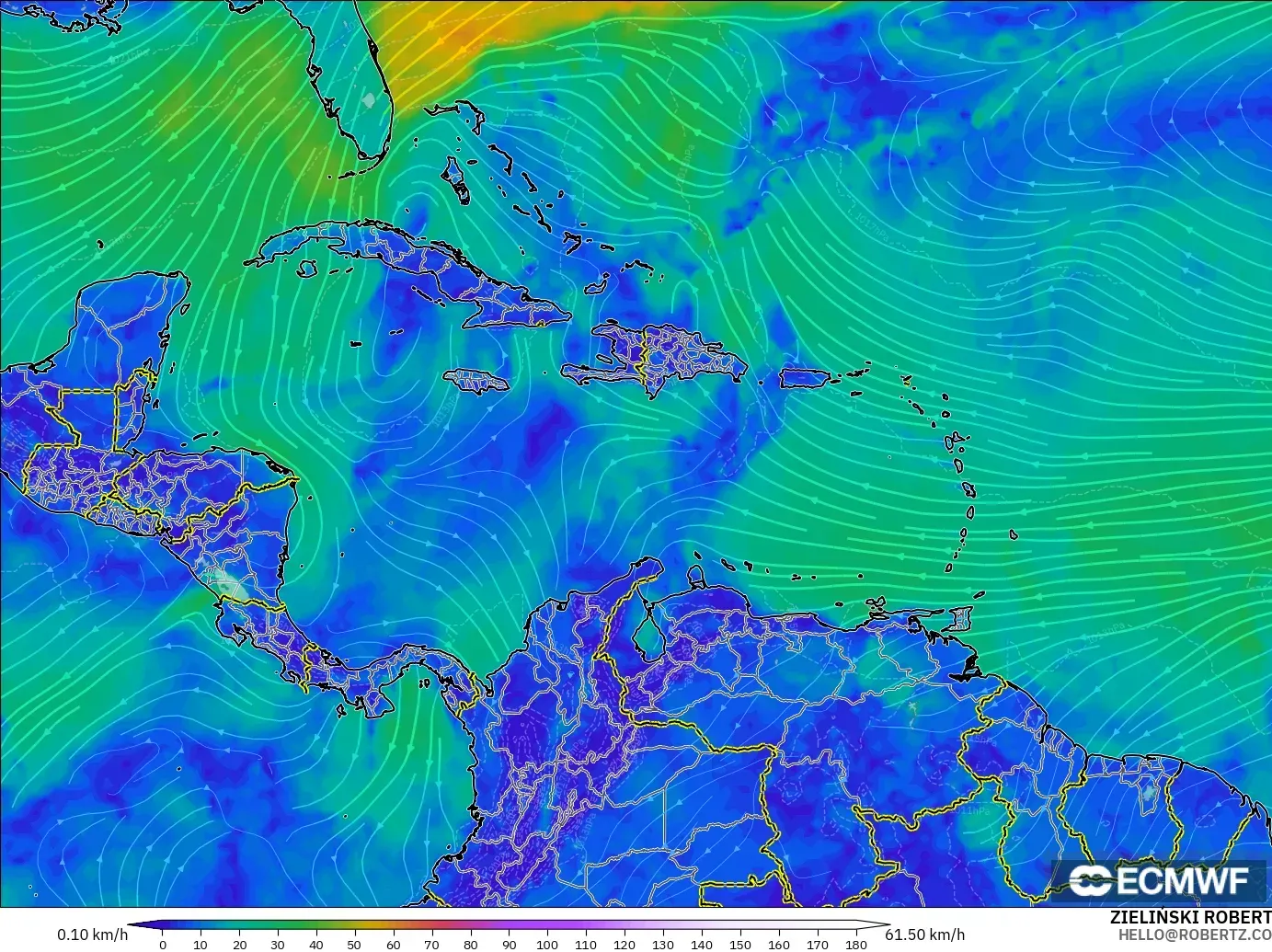 ECMWF IFS 0.25° model - Caribbean, Wind at 10m