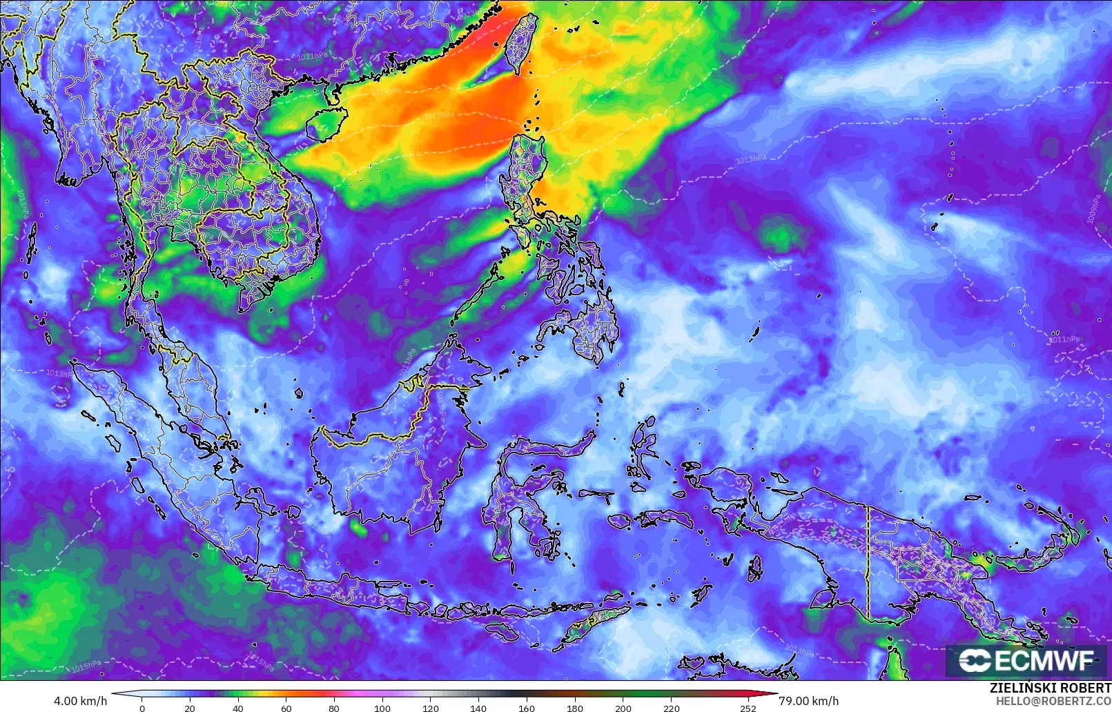 ECMWF IFS 0.25° model - South East Asia, Wind Gusts Peak