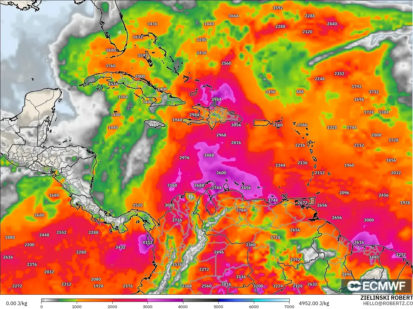 ECMWF IFS 0.25° model - Caribbean, CAPE