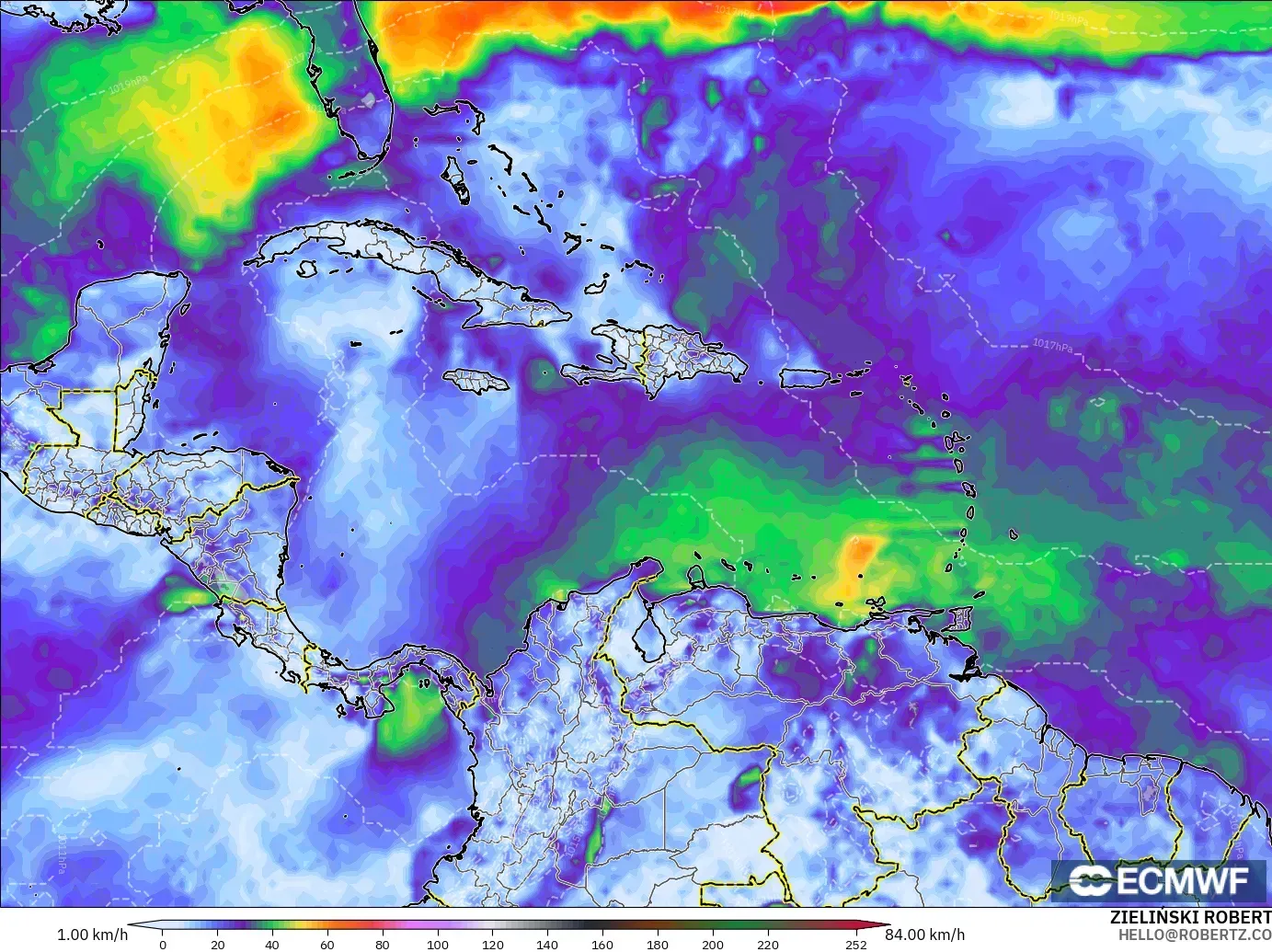 ECMWF IFS 0.25° model - Caribbean, Wind Gusts