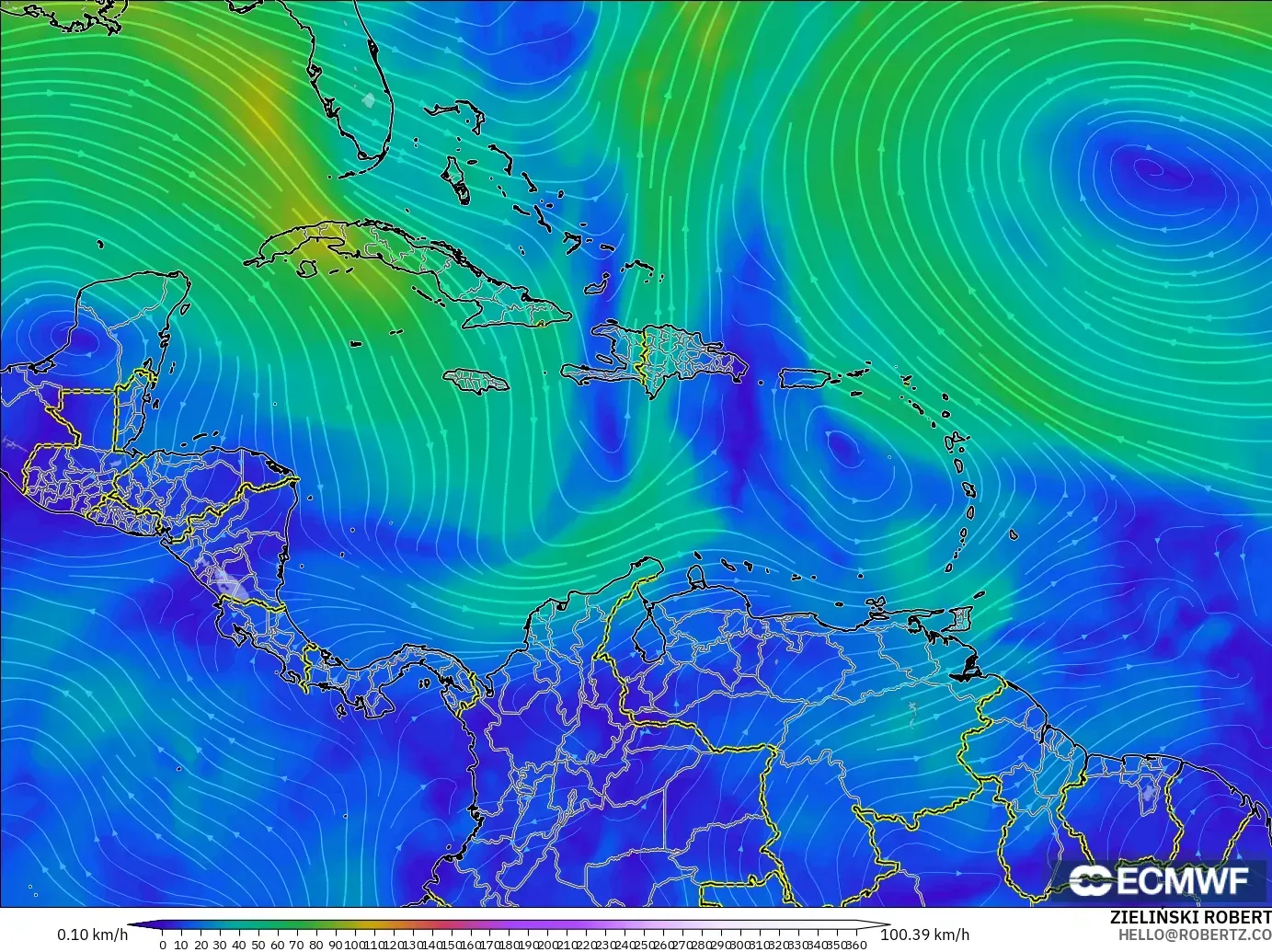 ECMWF IFS 0.25° model - Caribbean, Wind at 300hPa (jet stream)