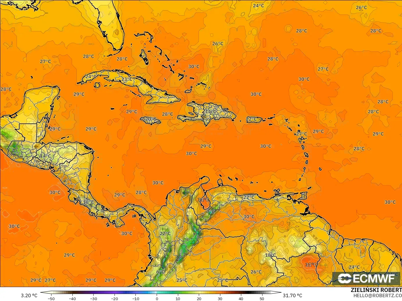 ECMWF IFS 0.25° model - Caribbean, Temperature at 2m