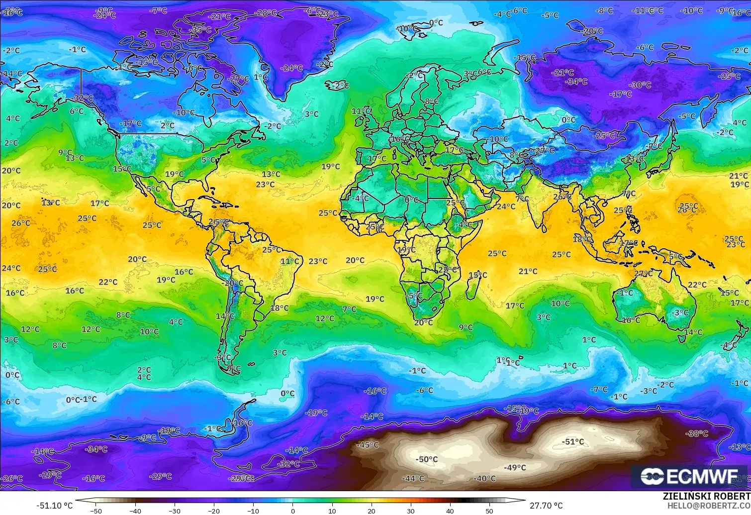 ECMWF IFS 0.25° model - World, Dewpoint at 2m