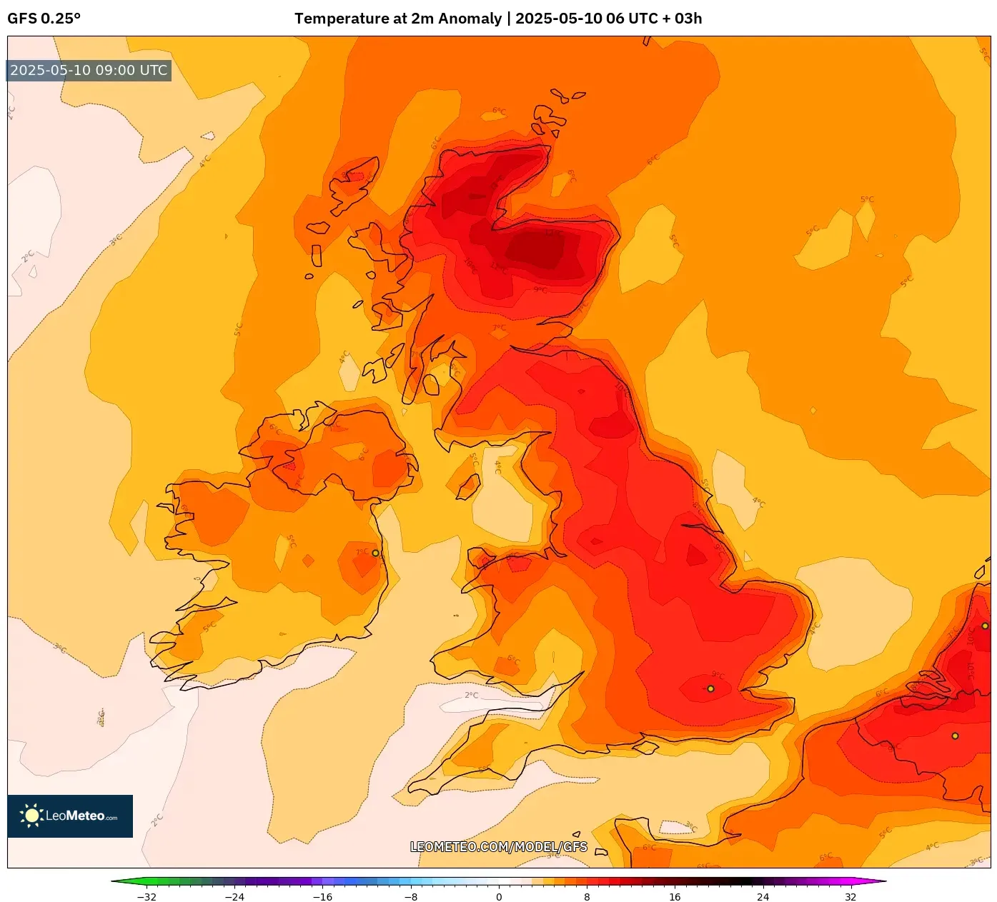 GFS - United Kingdom, Temperature at 2m Anomaly GFS - United Kingdom, Temperature at 2m Anomaly