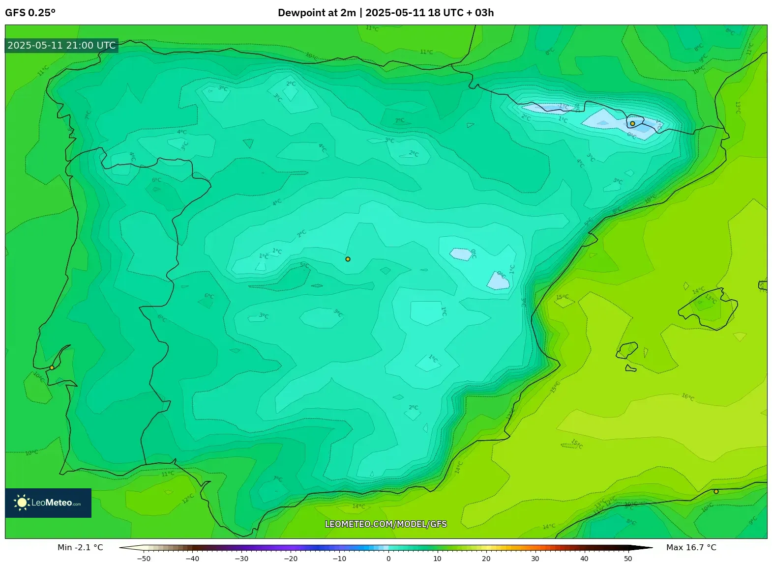 GFS - Spain, Dewpoint at 2m GFS - Spain, Dewpoint at 2m