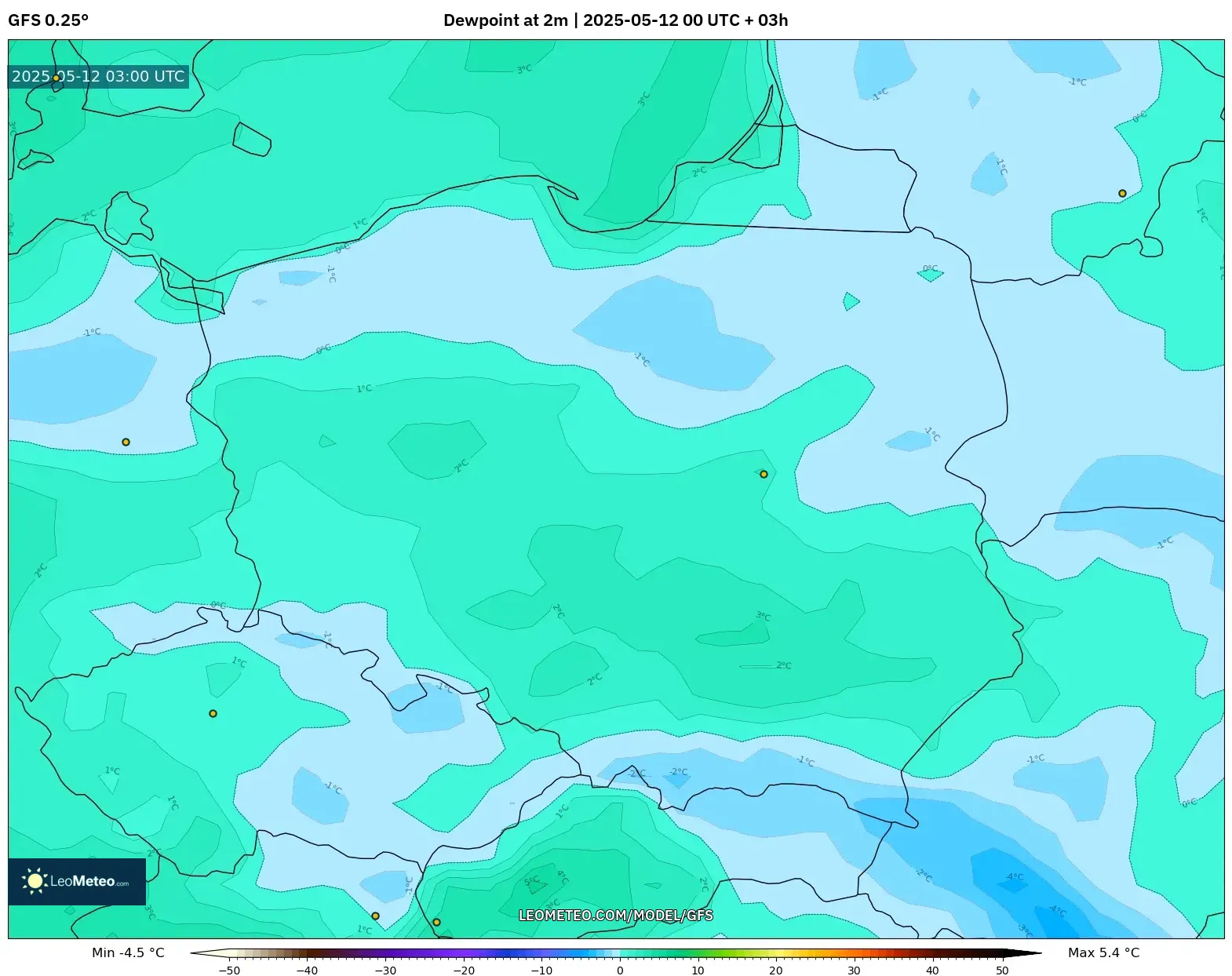 GFS - Poland, Dewpoint at 2m GFS - Poland, Dewpoint at 2m