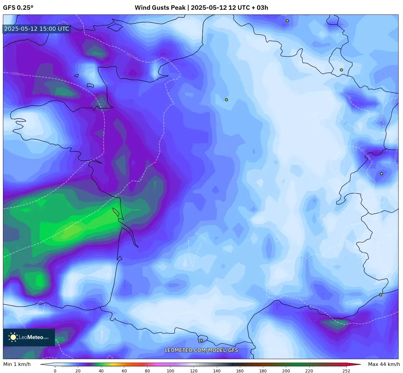 GFS - France, Wind Gusts Peak GFS - France, Wind Gusts Peak