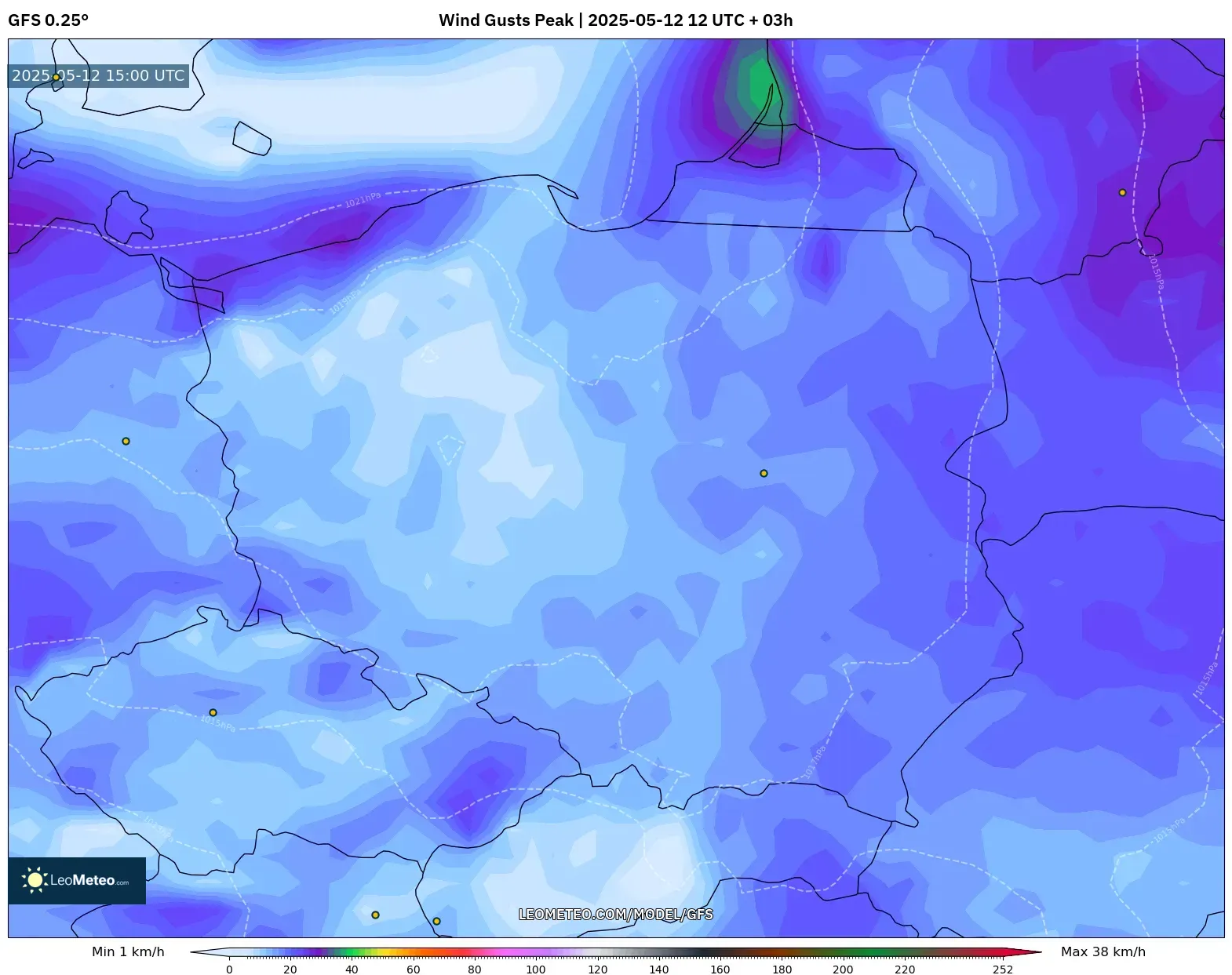GFS - Poland, Wind Gusts Peak GFS - Poland, Wind Gusts Peak