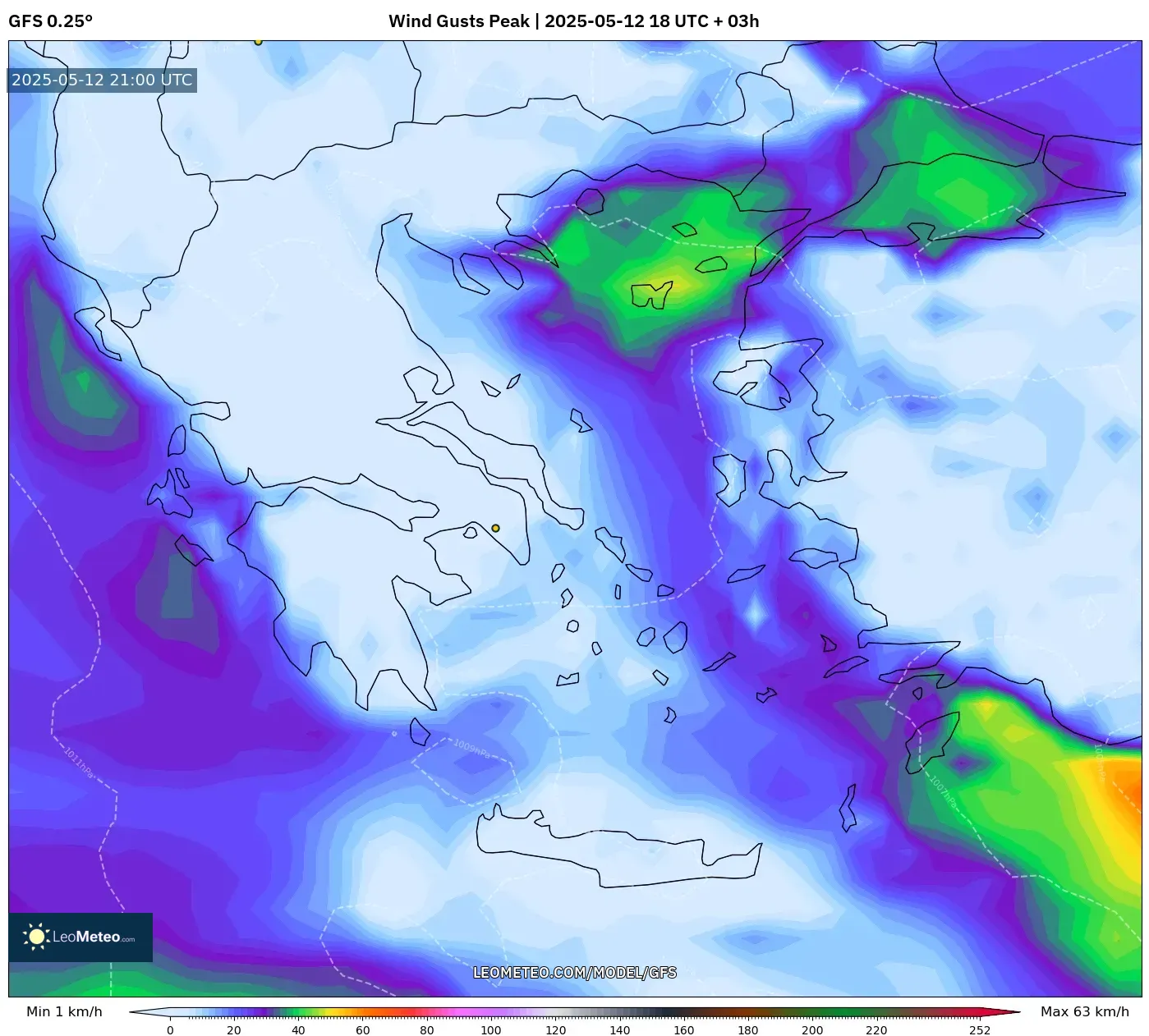 GFS model - Greece, Wind Gusts Peak GFS model - Greece, Wind Gusts Peak