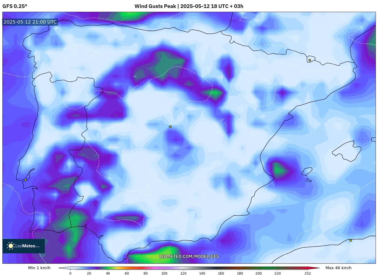 GFS - Spain, Wind Gusts Peak GFS - Spain, Wind Gusts Peak