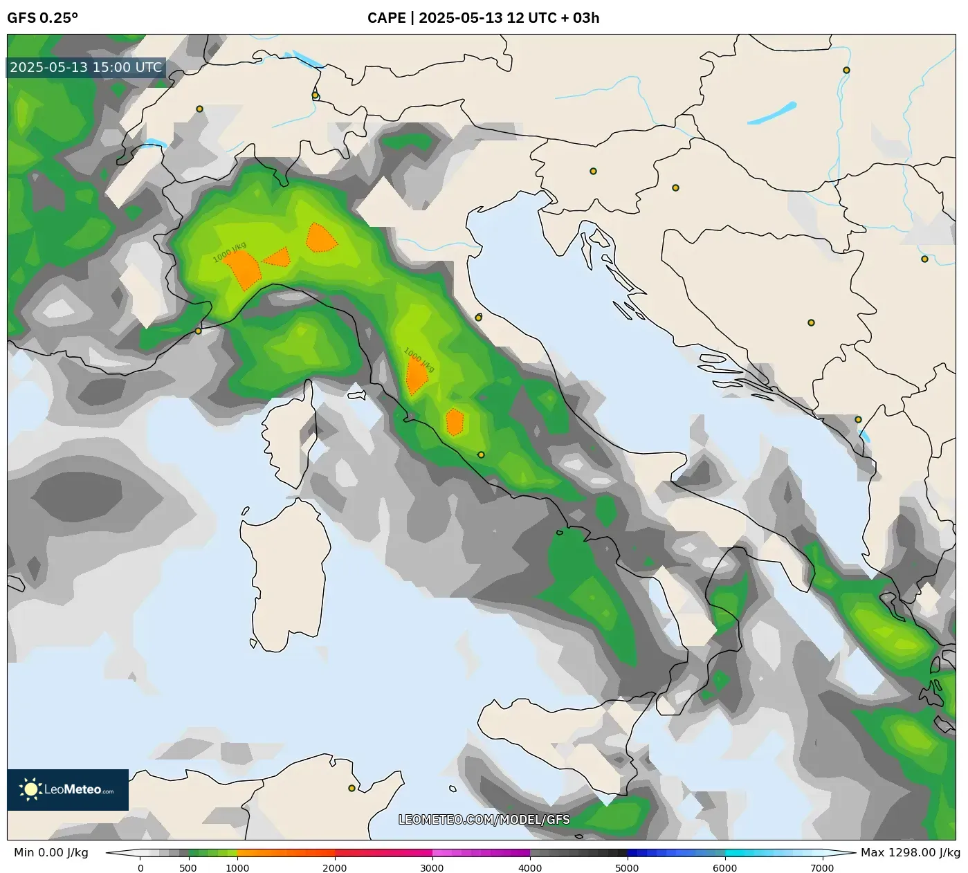 GFS model - Italy, CAPE GFS model - Italy, CAPE