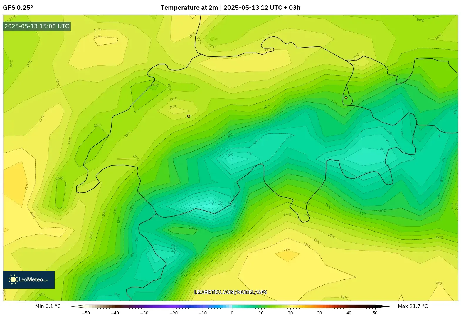 GFS model - Switzerland, Temperature at 2m GFS model - Switzerland, Temperature at 2m