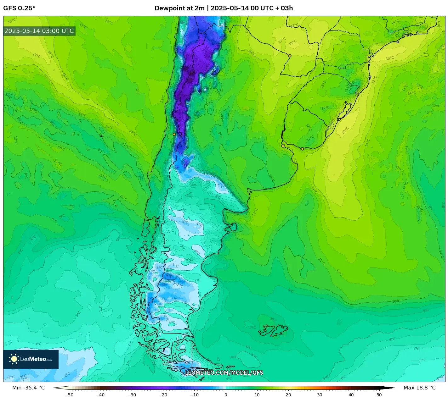 GFS model - Argentina, Dewpoint at 2m GFS model - Argentina, Dewpoint at 2m