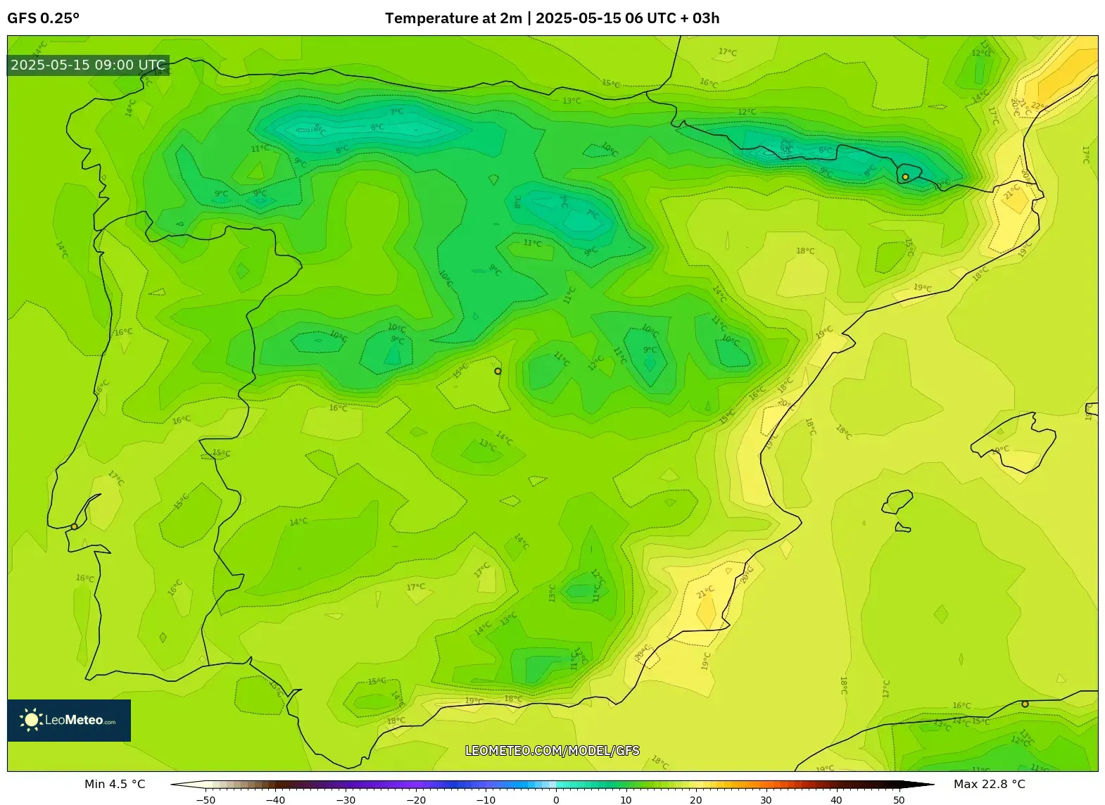 GFS model - Spain, Temperature at 2m GFS model - Spain, Temperature at 2m