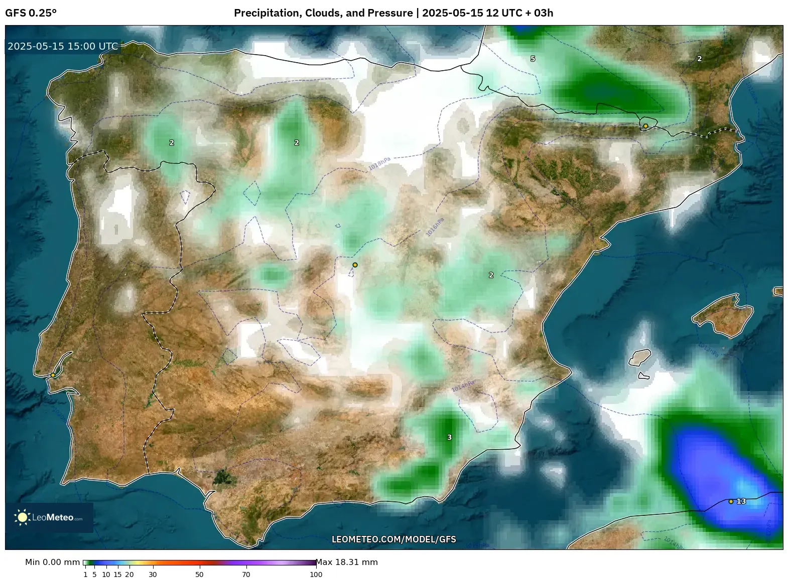 GFS model - Spain, Precipitation, Clouds, and Pressure GFS model - Spain, Precipitation, Clouds, and Pressure