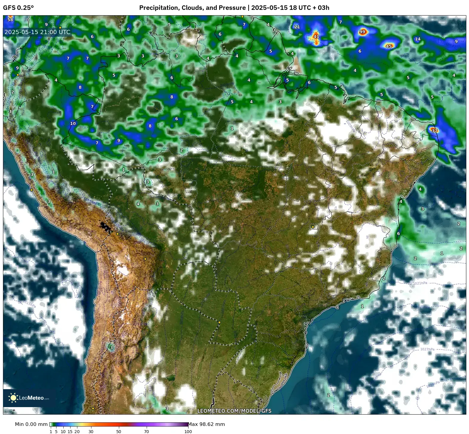 GFS model - Brazil, Precipitation, Clouds, and Pressure GFS model - Brazil, Precipitation, Clouds, and Pressure