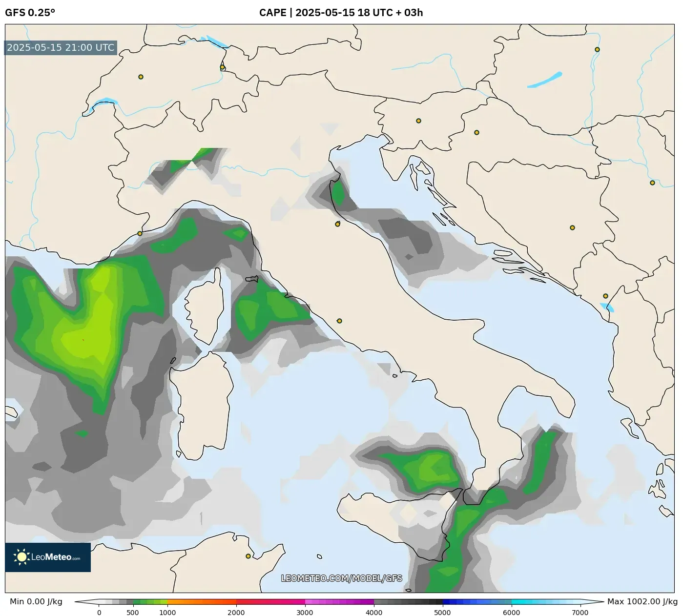 GFS model - Italy, CAPE GFS model - Italy, CAPE