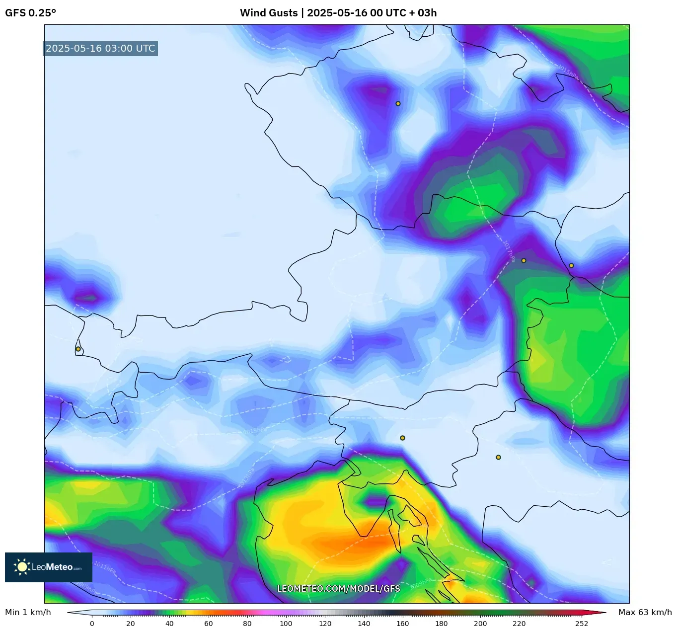 GFS model - Austria, Wind Gusts