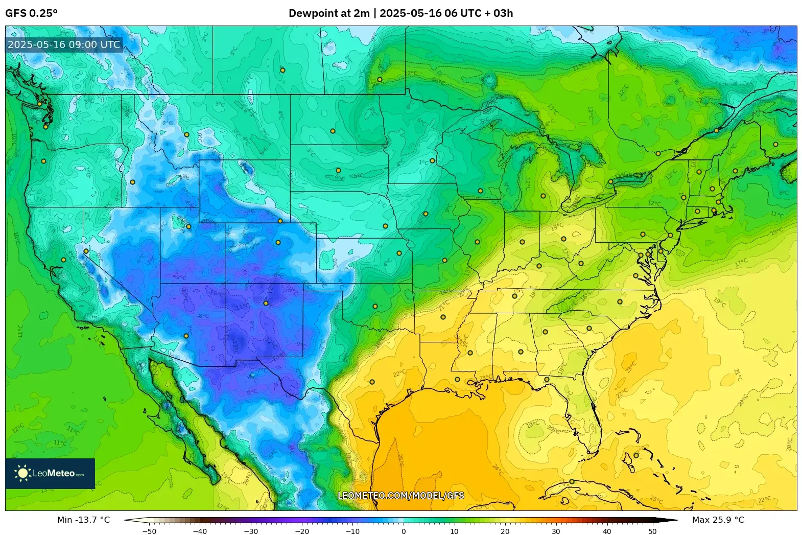 GFS model - United States, Dewpoint at 2m GFS model - United States, Dewpoint at 2m