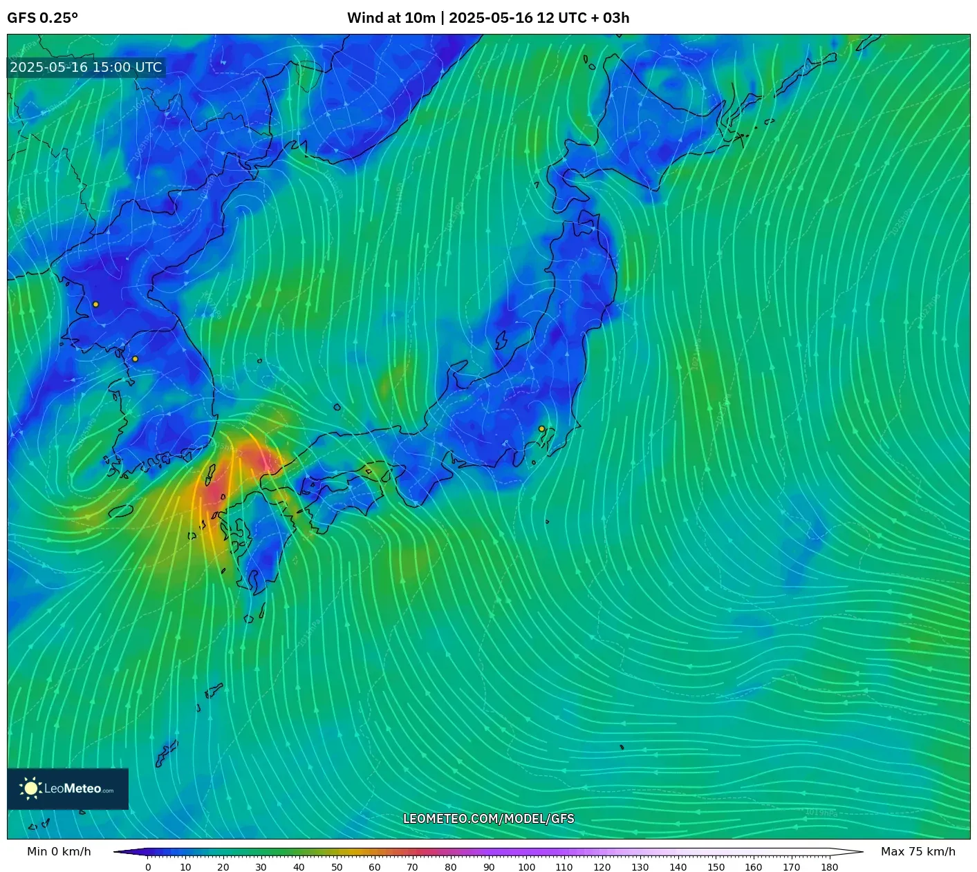GFS model - Japan, Wind at 10m GFS model - Japan, Wind at 10m
