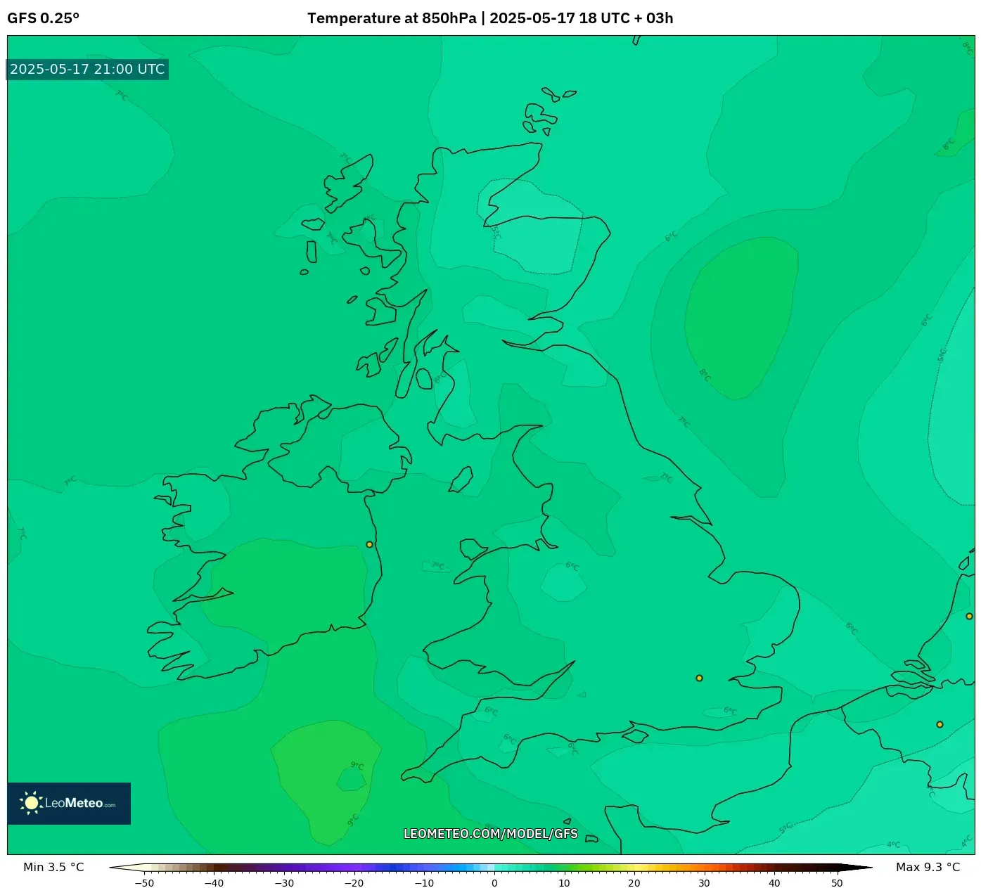GFS model - United Kingdom, Temperature at 850hPa GFS model - United Kingdom, Temperature at 850hPa
