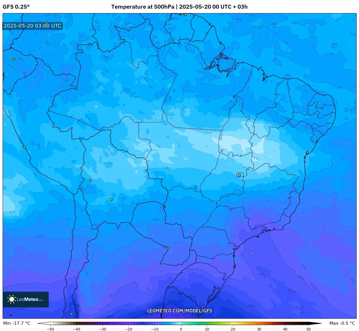 GFS model - Brazil, Temperature at 500hPa GFS model - Brazil, Temperature at 500hPa