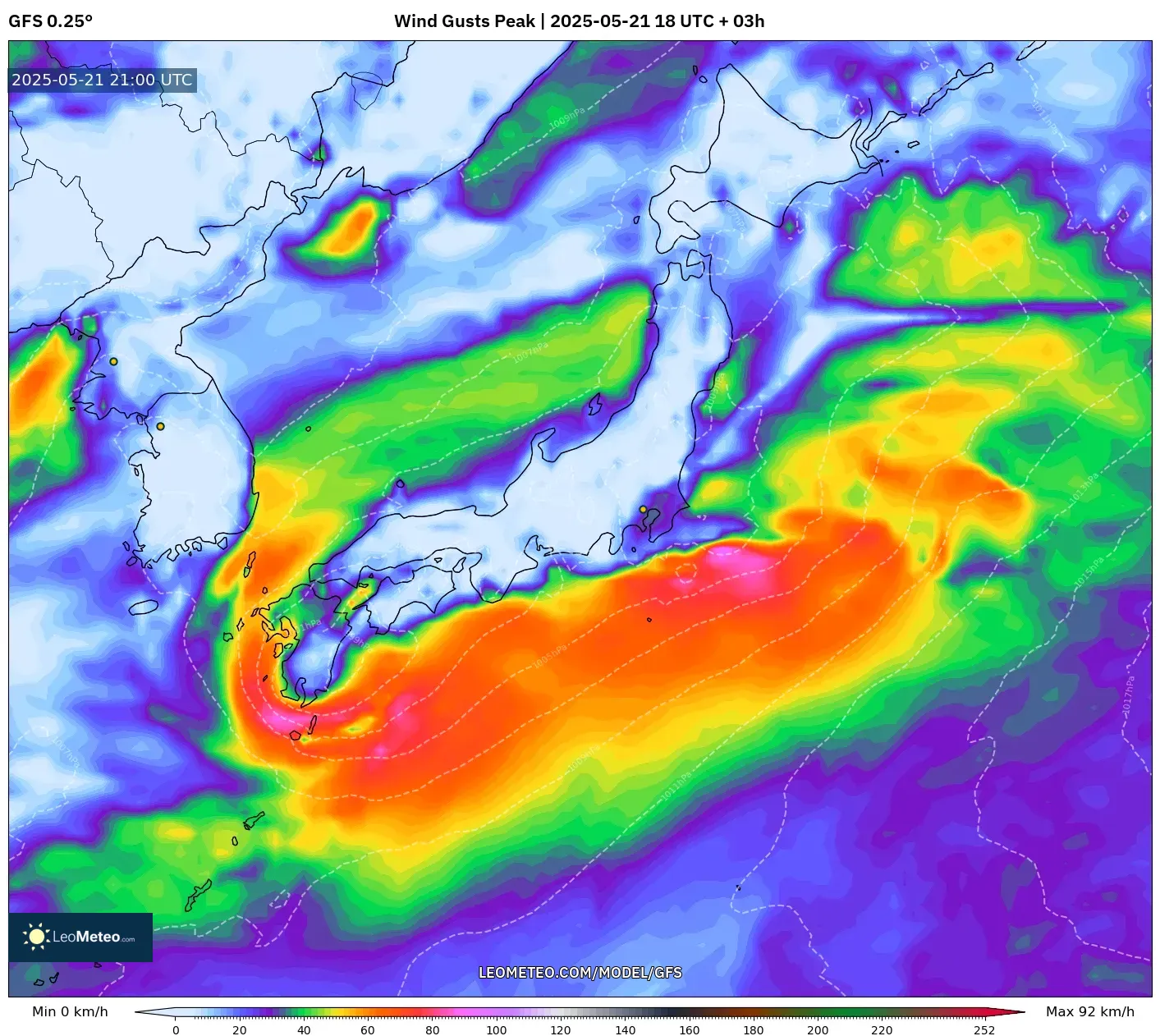 GFS model - Japan, Wind Gusts Peak GFS model - Japan, Wind Gusts Peak