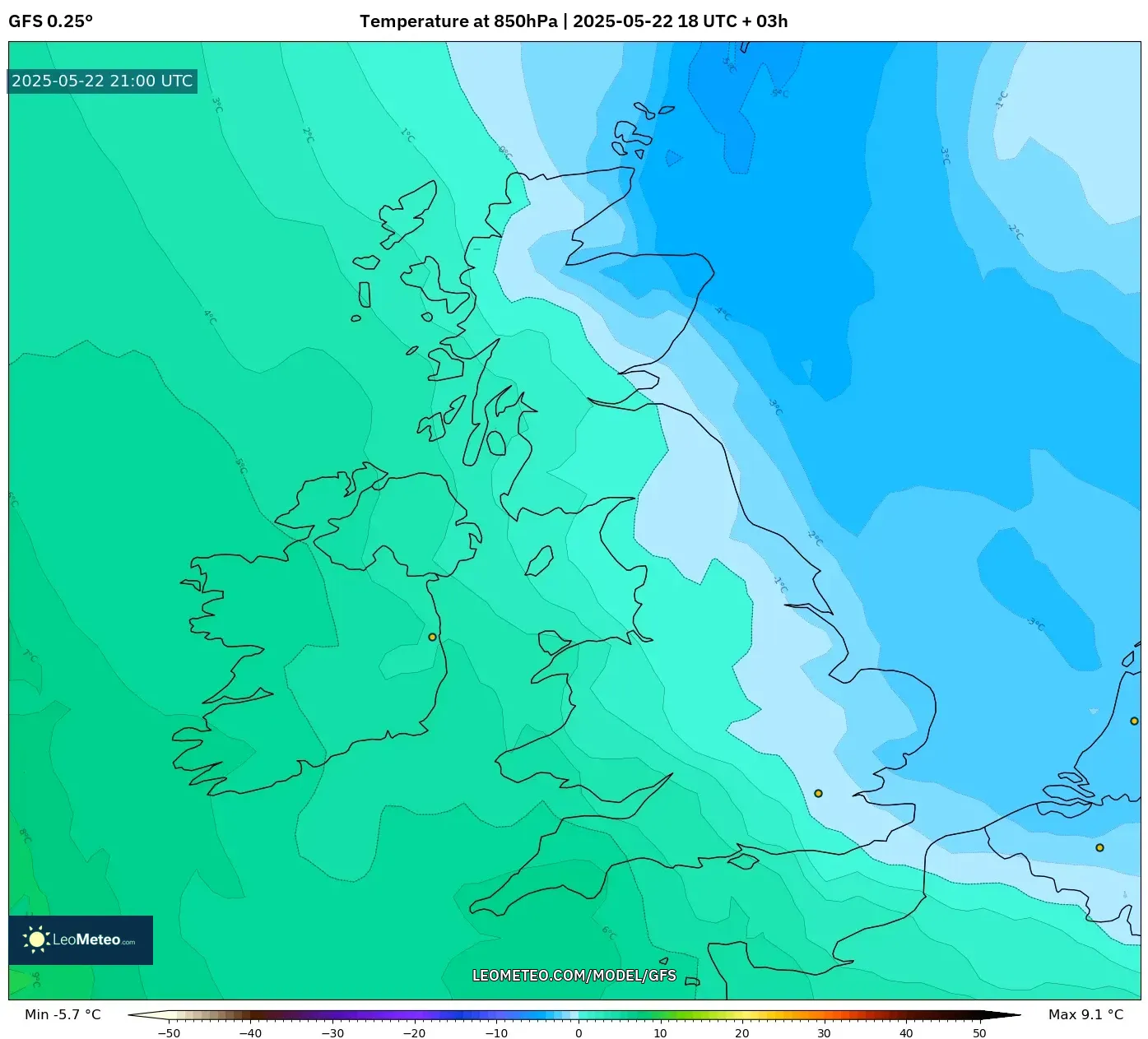 GFS model - United Kingdom, Temperature at 850hPa GFS model - United Kingdom, Temperature at 850hPa